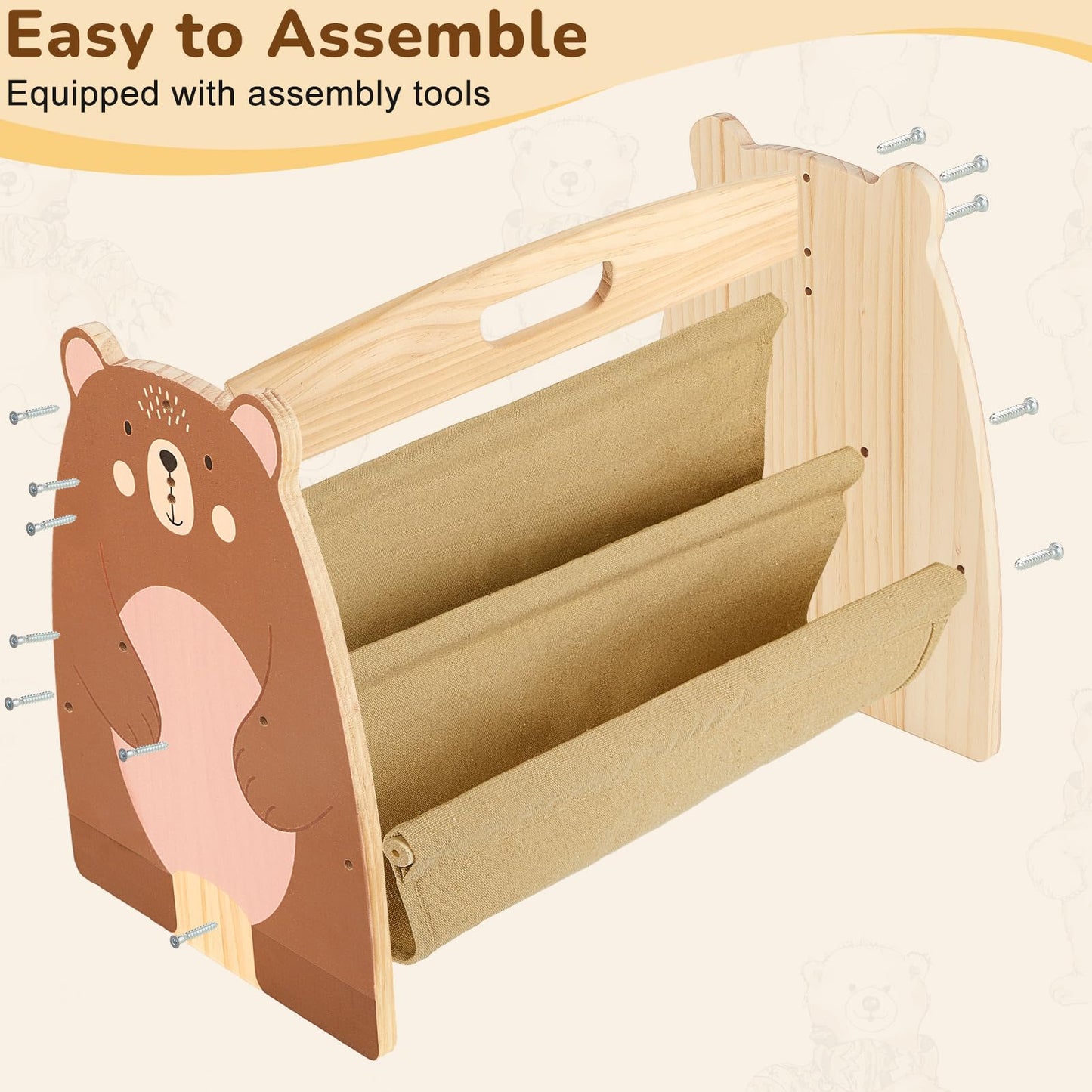 MHJY Kids Bookshelf – Wooden Double-Sided Sling Book Rack with Canvas Storage, Toddler Bookcase for Nursery, Bedroom, Playroom – Montessori Style Children’s Book Organiser