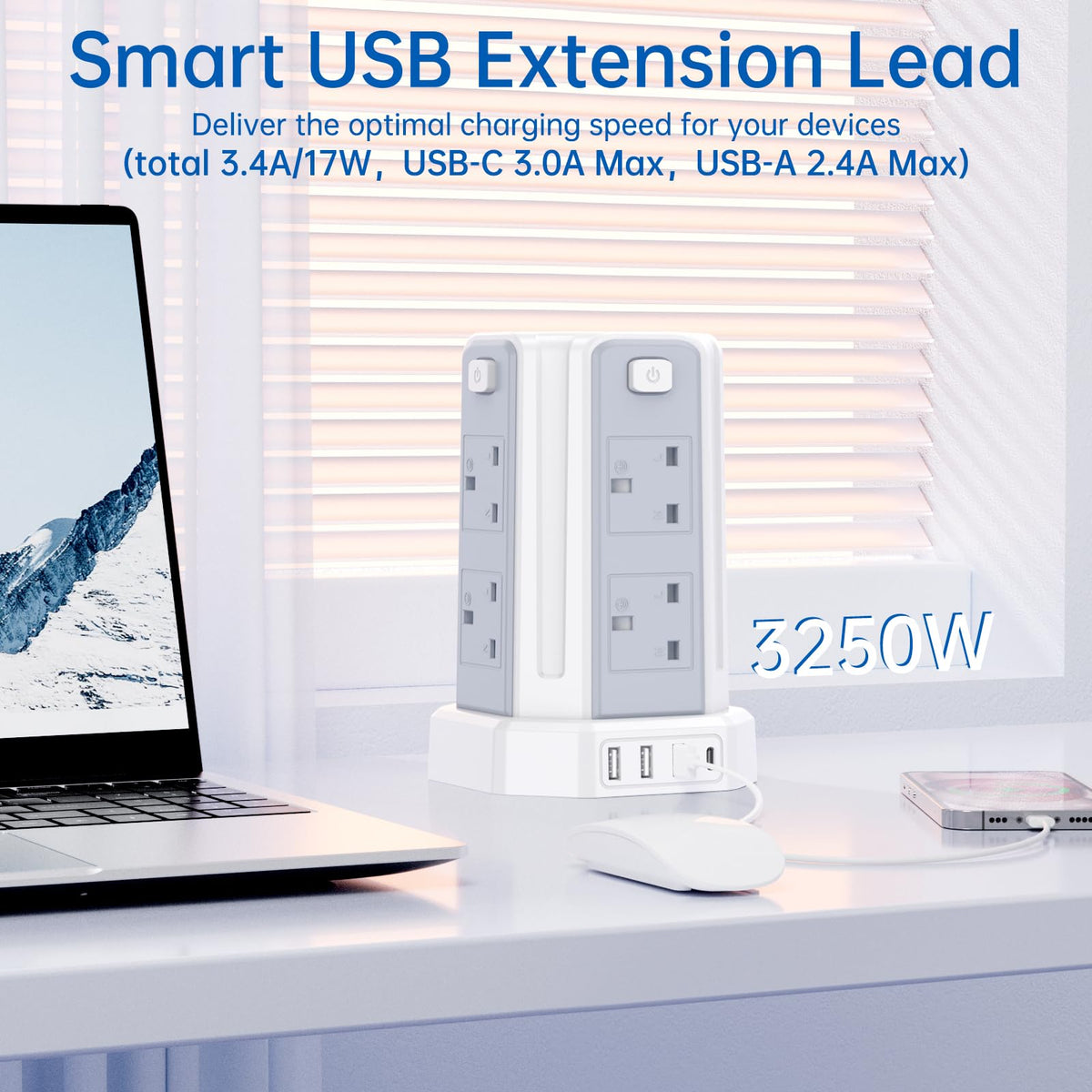 Tower Extension Lead 3M, [13A 3250W] Extension Lead, 8 AC Outlets & 4 USB Ports Multi Plug Socket Power Strip with 3M Extension Cable for Home, Office