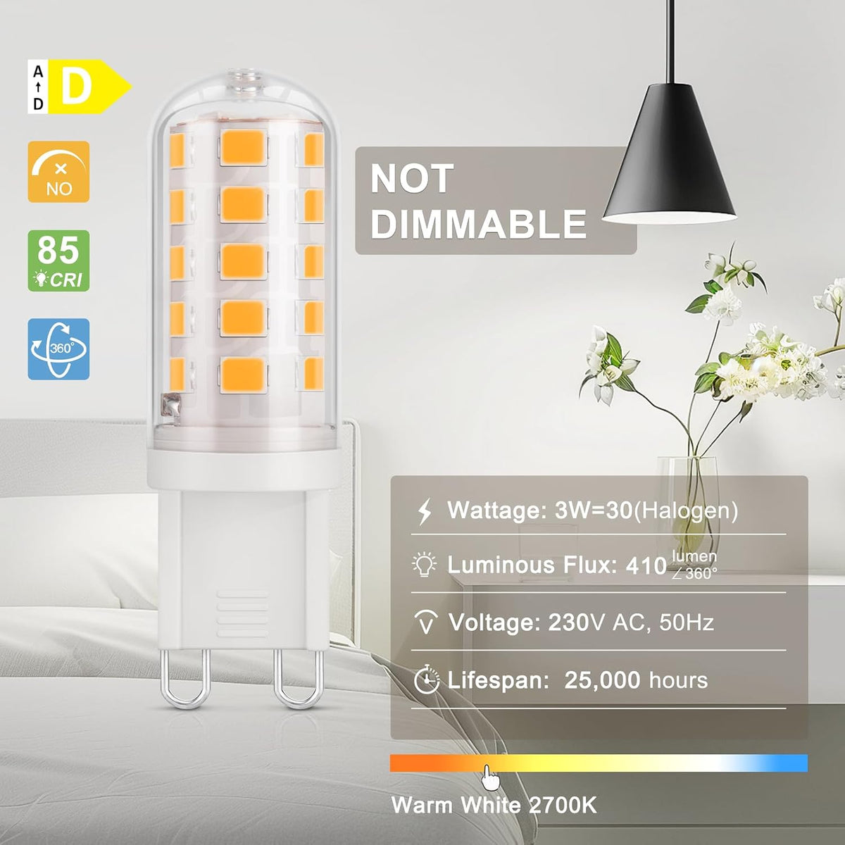 DiCUNO G9 LED Bulb Warm White 2700K, 3W=30W, 410LM, 6 Pcs