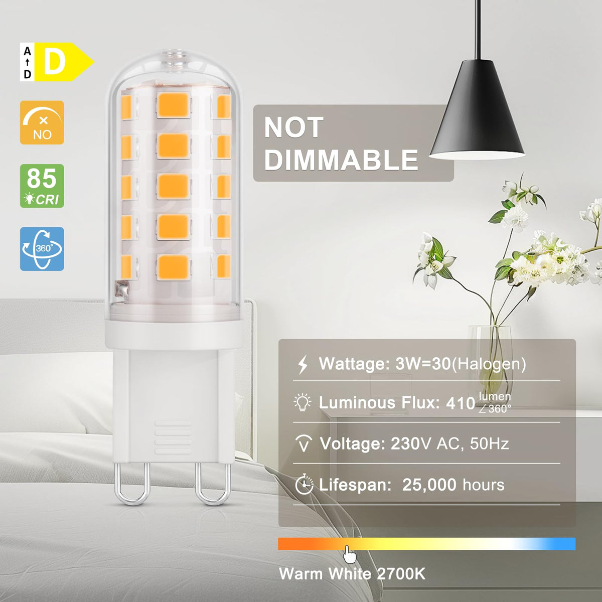 DiCUNO G9 LED Bulb Warm White 2700K, 3W=30W, 410LM, 6 Pcs