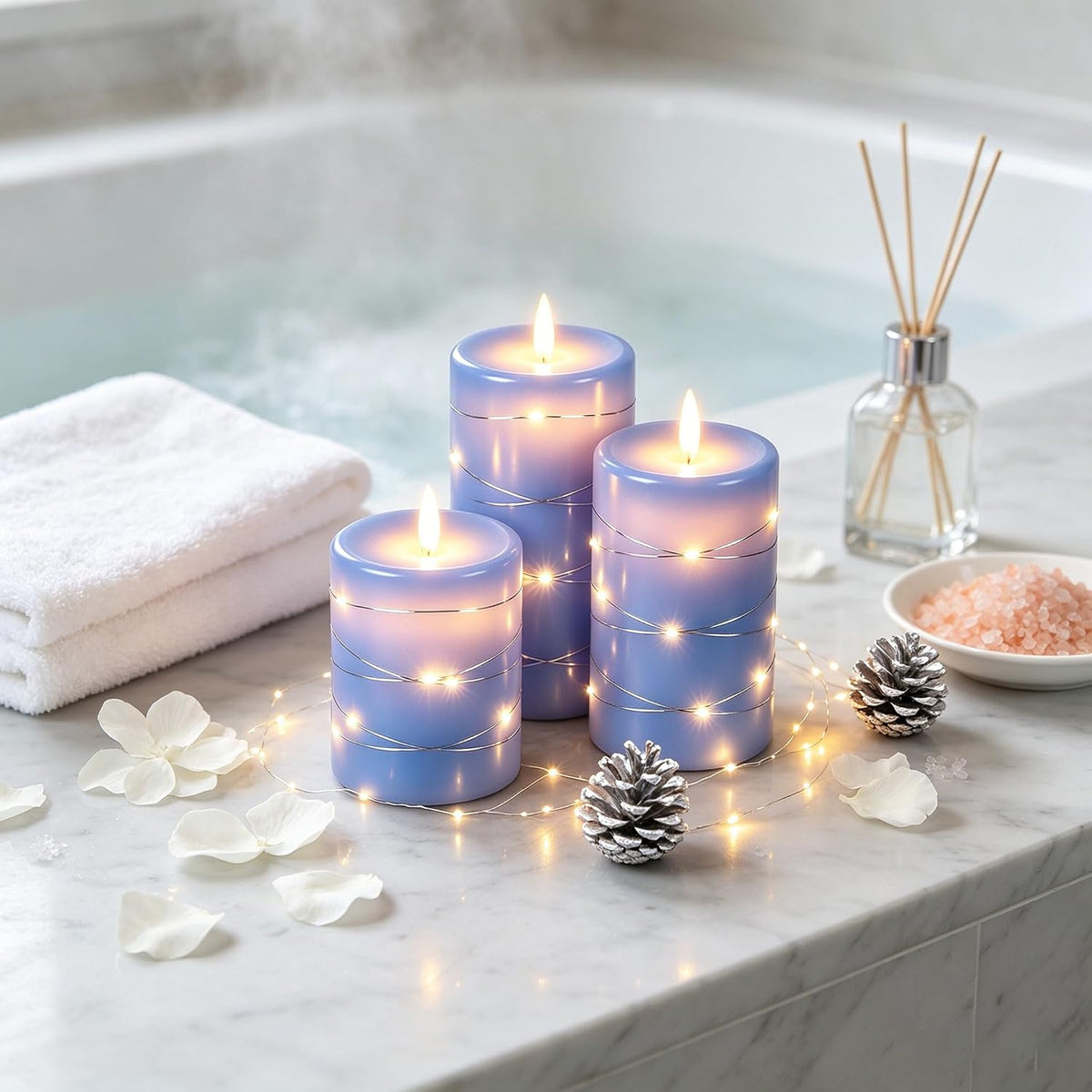 Da by 3 Pack Ivory Flameless LED Candles with Fairy Lights, Realistic Moving Flame Paraffin Wax Candles, Remote Control, Soft Warm Light, 8cm D x 12.5/14.5/16.5cm H, Indoor Wedding Home Decor
