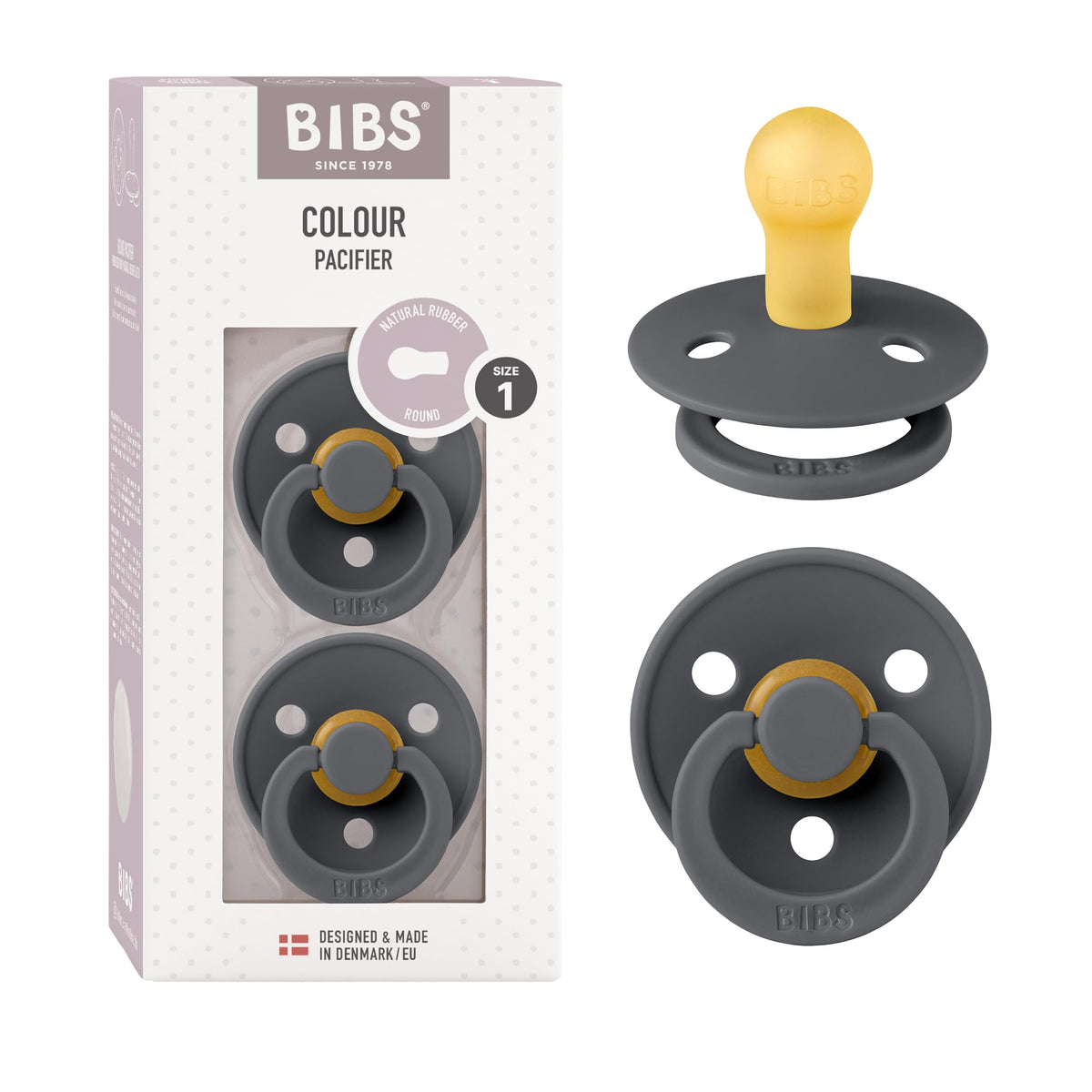 BIBS Colour Soother 2-Pack, BPA Free Dummy Pacifier, Round Nipple. Natural Rubber Latex, Made in Denmark, Size 2 (6-18 Months), Baby Blue