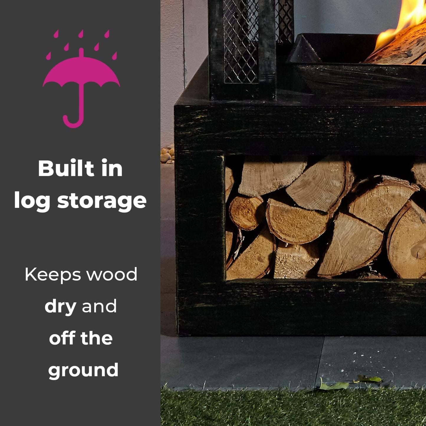 Neo Black Steel Outdoor Garden Log Burner Burning Fire Pit Chiminea Heater Stove Mesh Surround Storage