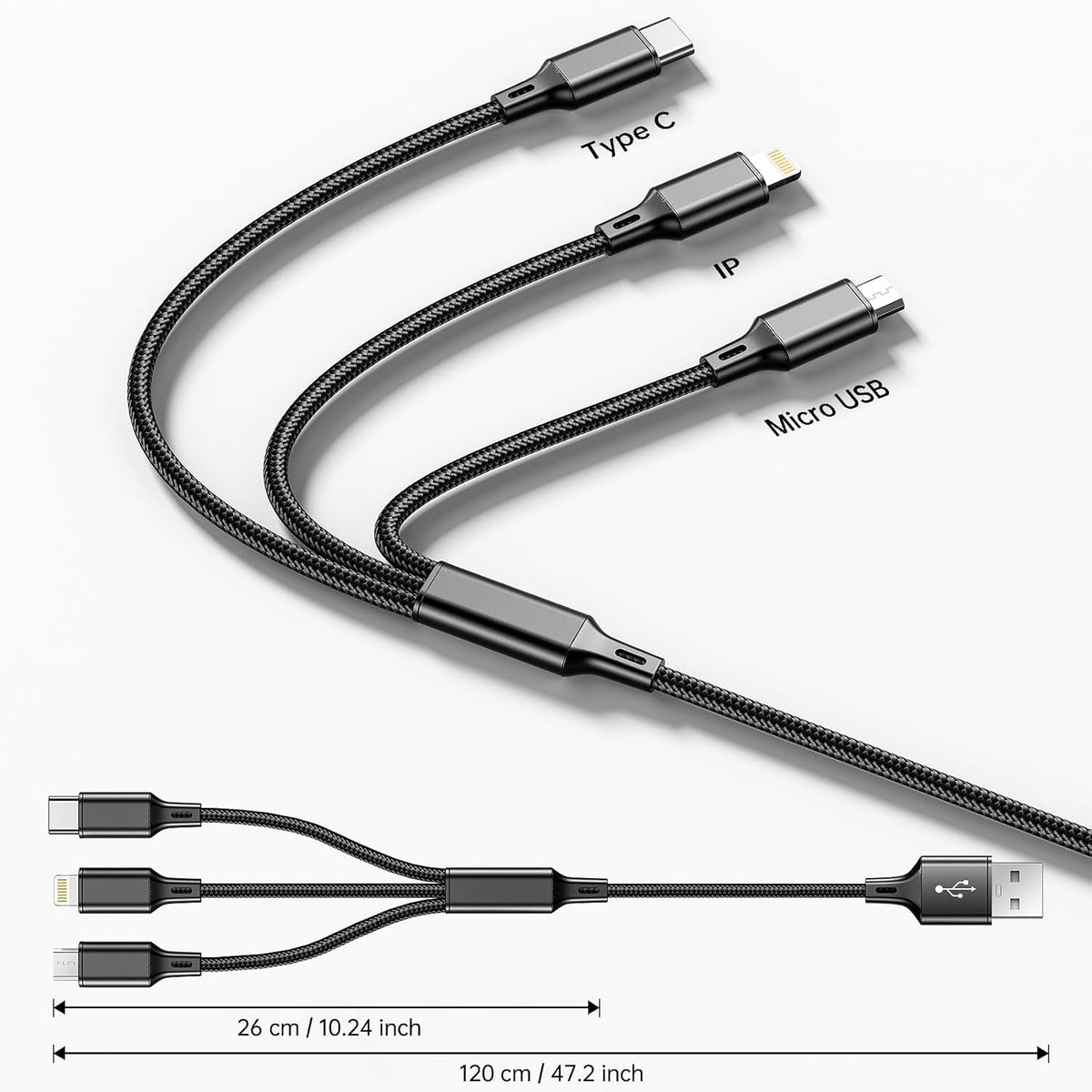 Multi Charging Cable 2 Packs 4FT,3A 3 in 1 Charging Cord for iPhone,Samsung