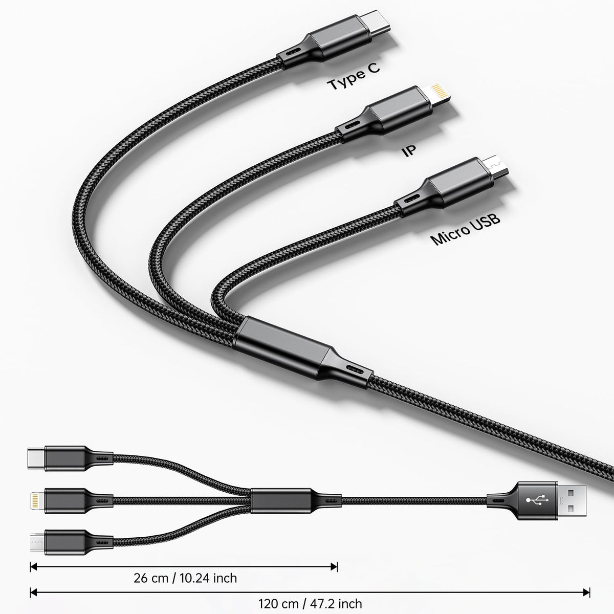 Multi Charging Cable 2 Packs 4FT,3A 3 in 1 Charging Cord for iPhone,Samsung
