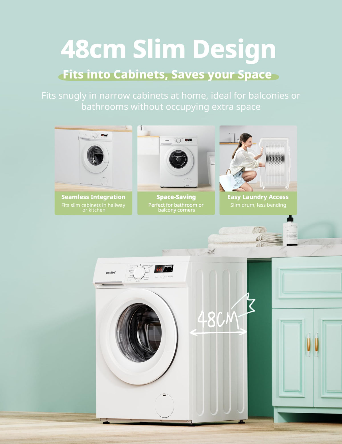 COMFEE' 9kg Washing Machine Energy Class A 1400rpm BLDC Motor Slim White