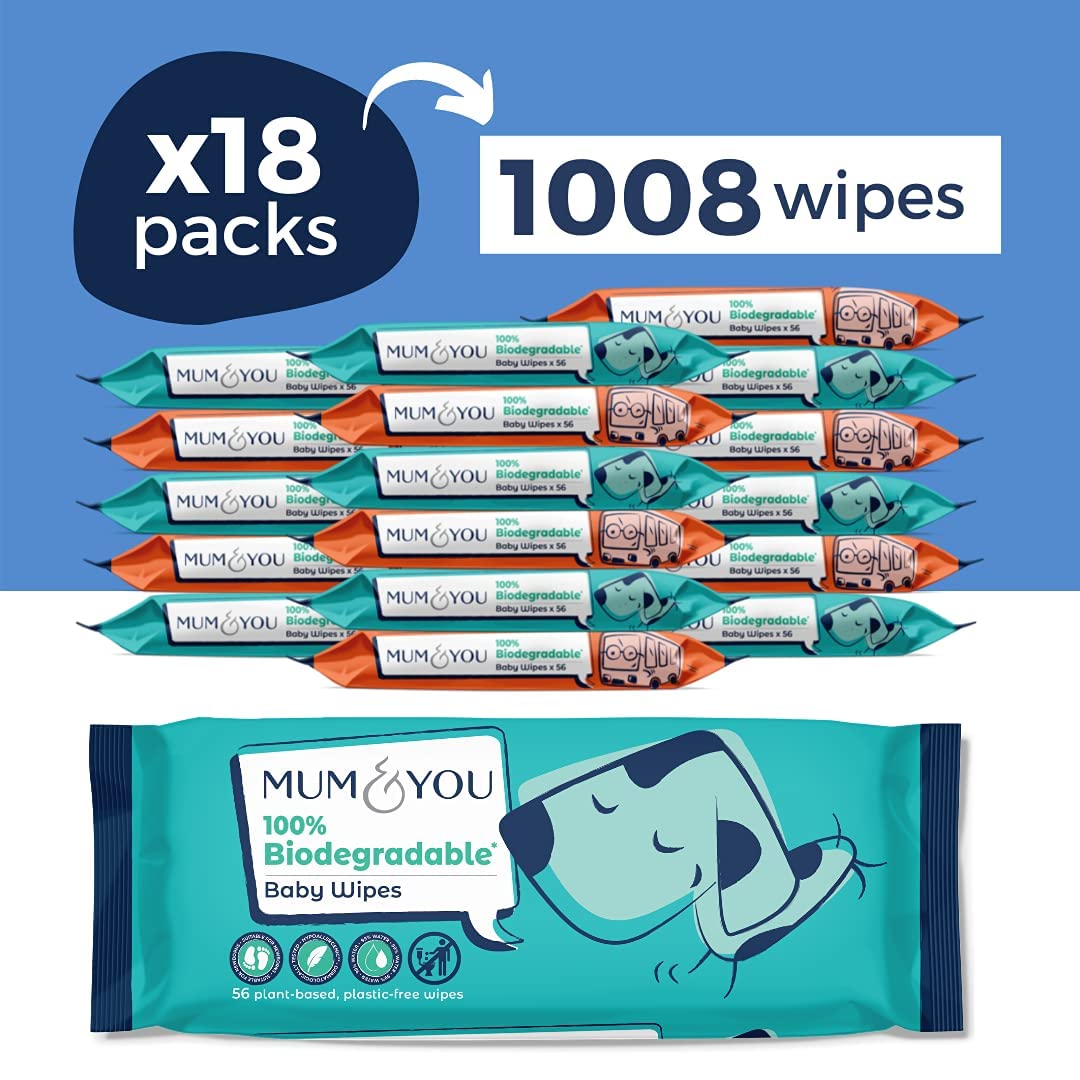 Mum & You Baby Wipes - Biodegradable Wet Wipes | 99.4% Water | Ideal for Sensitive Newborn Skin | 336 Newborn Wipes Bulk, Bum Wipes, Wet Tissue, Plastic free Wet wipes, (56 wipes x 6 packs)