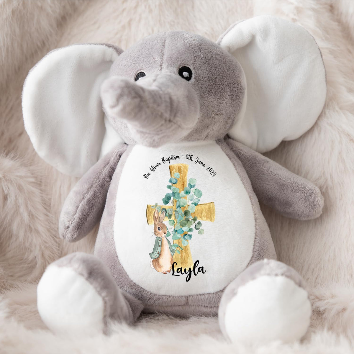 Crafted Memories - Personalised Bunny Rabbit | Custom Name & Date | Christening & Baptism Keepsake | Baby Girl & Boy | Soft Grey, White | Ideal 1st Birthday Present