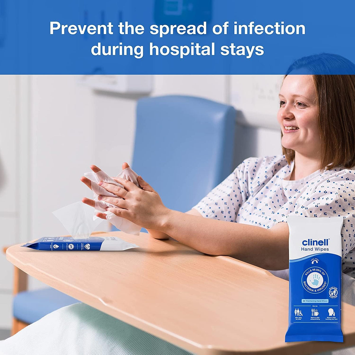 Clinell Antimicrobial Hand Wipes - Sanitising for Cleaning & Disinfecting, Travel-Friendly - Dermatologically Tested, Kills 99.99% of Bacteria & Viruses - Pack of 30, Blue