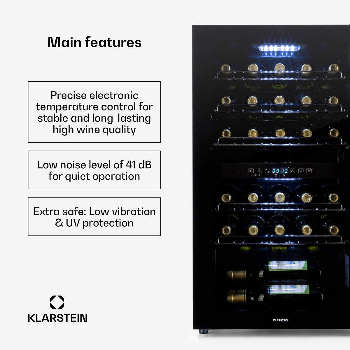 KLARSTEIN Shiraz Wine Cooler Black – 8 Bottles, 1 Zone | Freestanding Wine Fridge with Glass Door, Quiet, 5–18 °C, LED, Stainless Steel Frame
