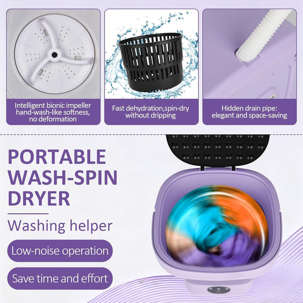 Washing Machine 8L Portable Washers Mini Washing Machine & Spin Basket, 3 Cleaning Modes Foldable Camping Washing Machine, Small Washing Machines for Baby Clothes and Underwear