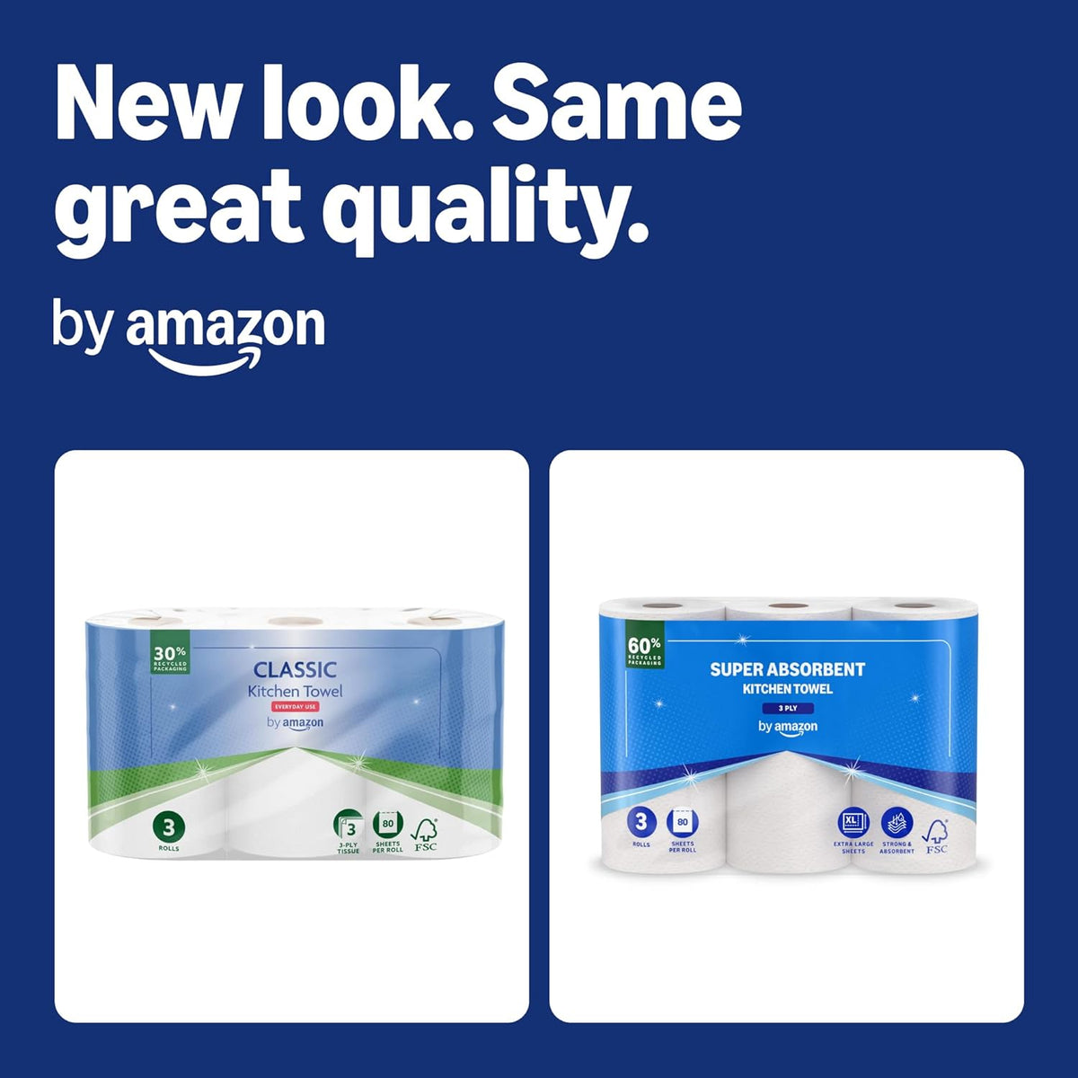 by Amazon Super Absorbent Kitchen Towel, 3-ply, 3 Rolls (1 Pack of 3), 80 Sheets per Roll
