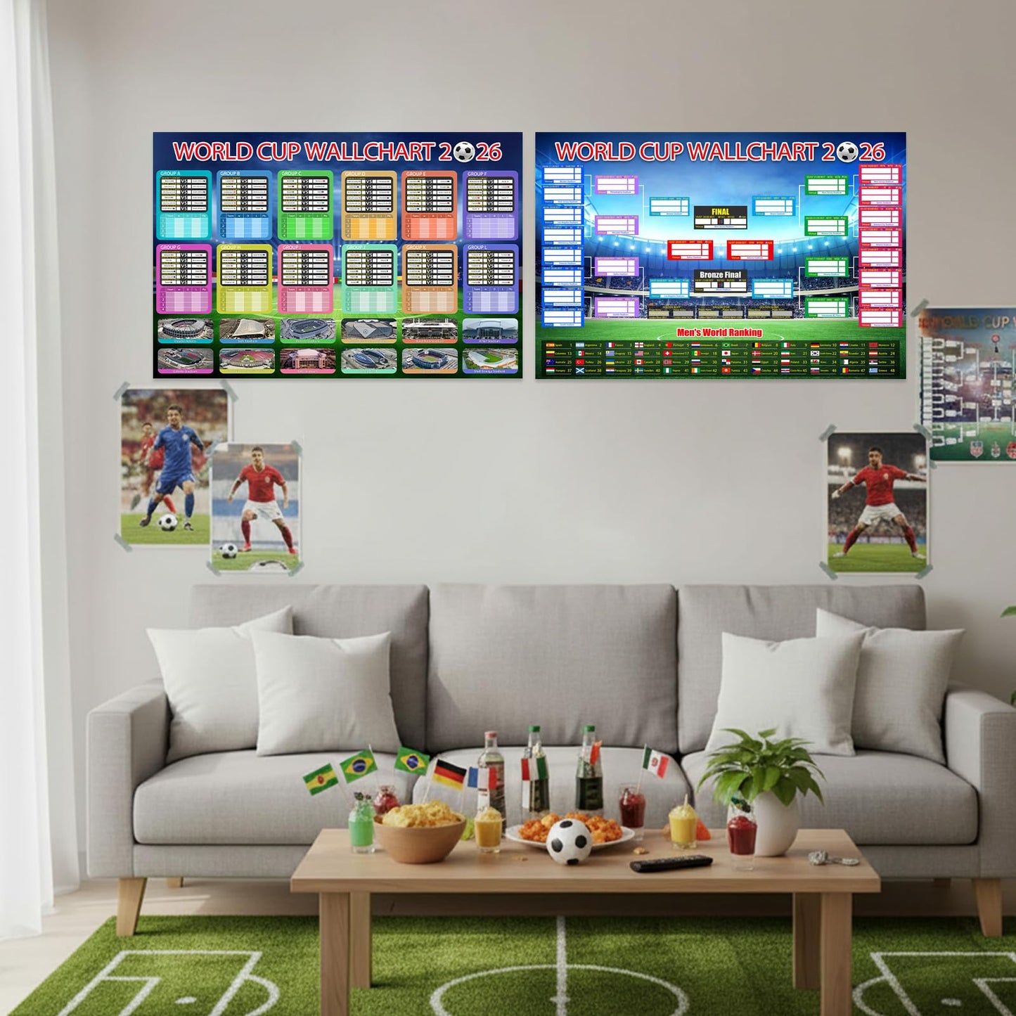 Aurblyn 11 Pcs World Cup Football 2026 Tournament Fixtures Folded Poster Handwritten Watercolour Pen World 8adhesive Backing 87x58cm For Bedroom For Men and Women Gifts for Fans (Background -4)