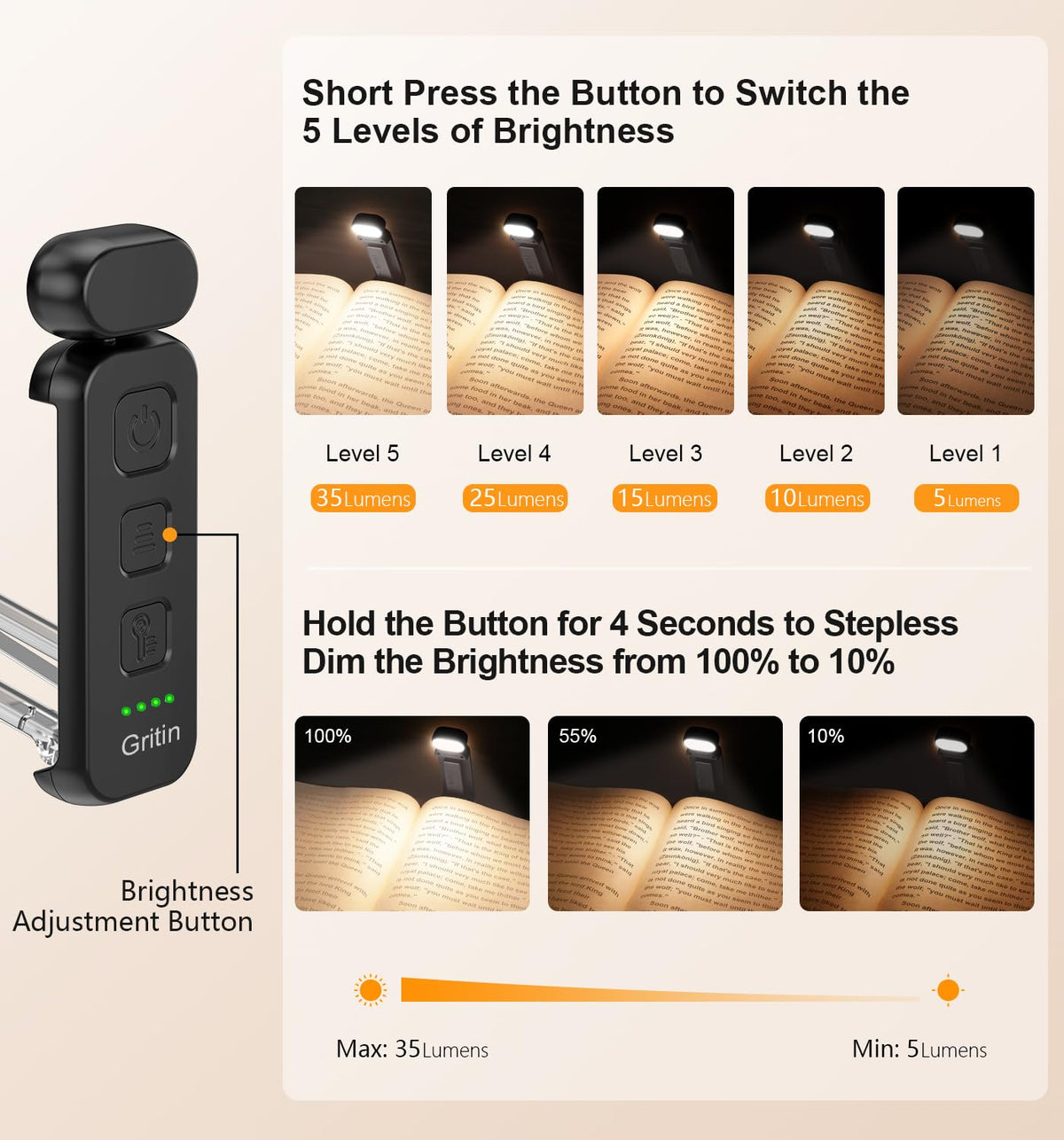 Gritin Book Light Rechargeable, Reading Light Lamp Clip on Books