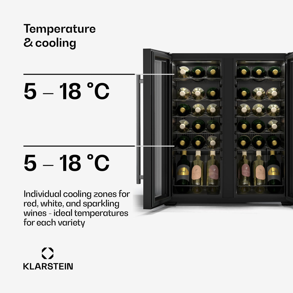 KLARSTEIN Shiraz Wine Cooler Black – 8 Bottles, 1 Zone | Freestanding Wine Fridge with Glass Door, Quiet, 5–18 °C, LED, Stainless Steel Frame