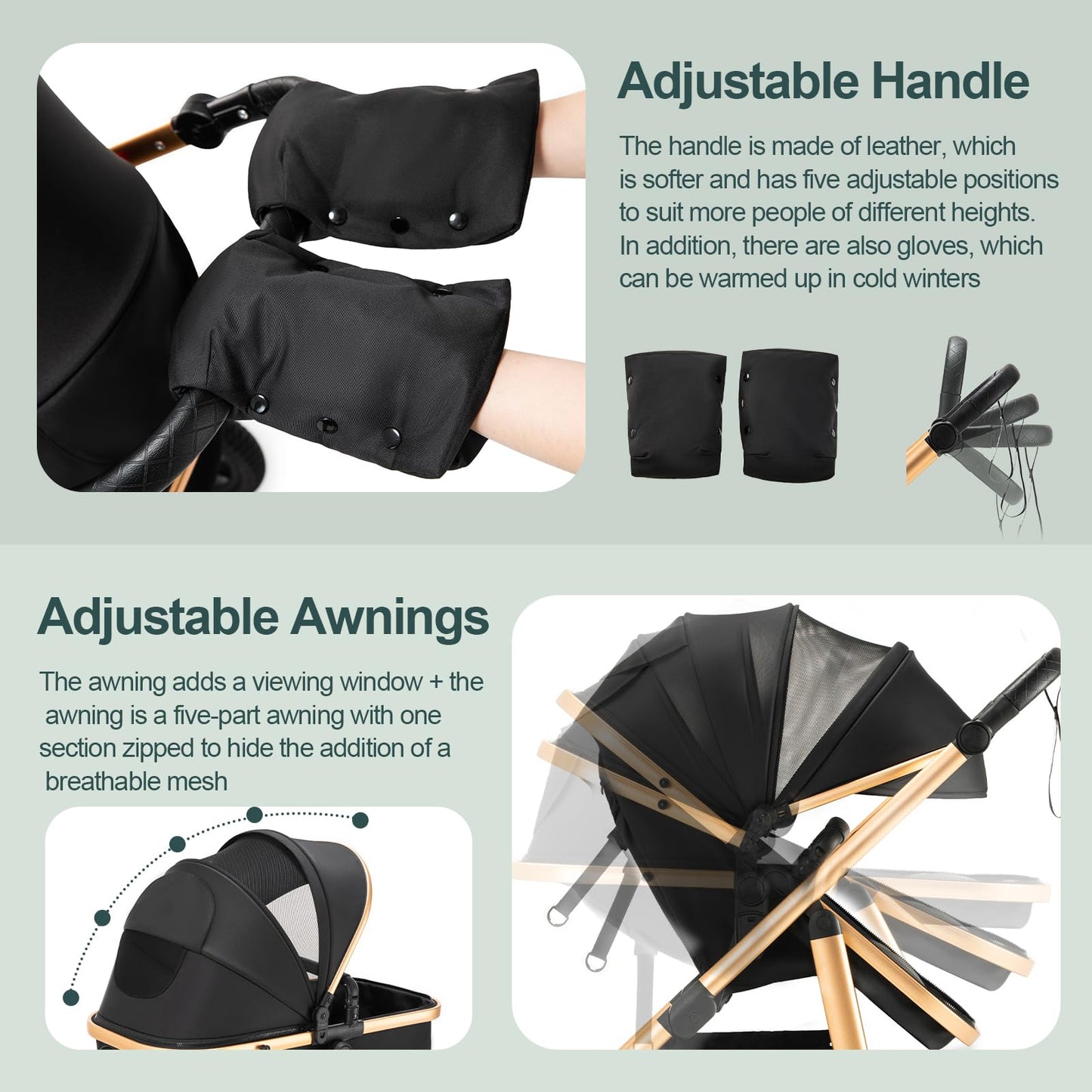Baby Stroller 3 in 1,Travel Pushchair's Lie-Flat Pram is Foldable, Stroller System Handle is Adjustable, The Wheels are Made of PU Material, Suitable for 0-3 Years-Khaki