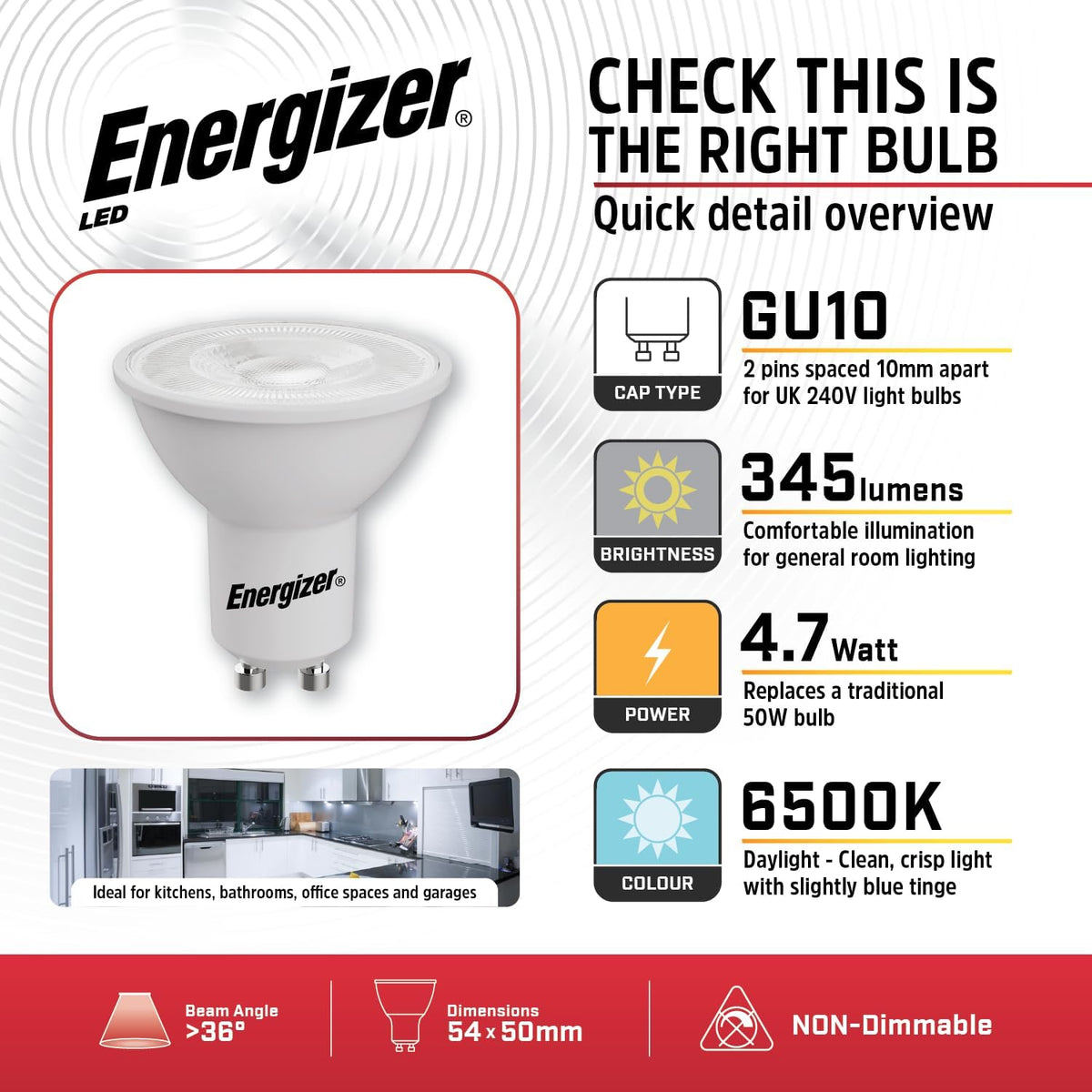 Energizer GU10 LED Bulbs Daylight White - 6500K 50W Halogen Spotlight Equivalent – 345LM - Non Dimmable. Pack of 5