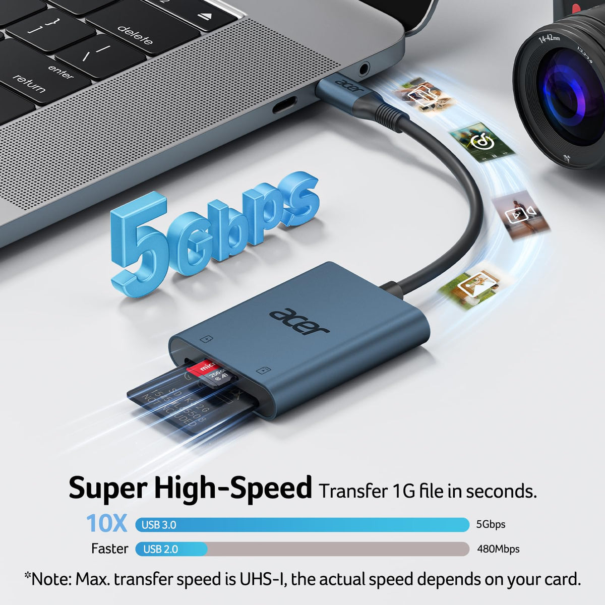 acer USB-C SD Card Reader 170MB/s, Type-C Micro SD Card Adapter Aluminium