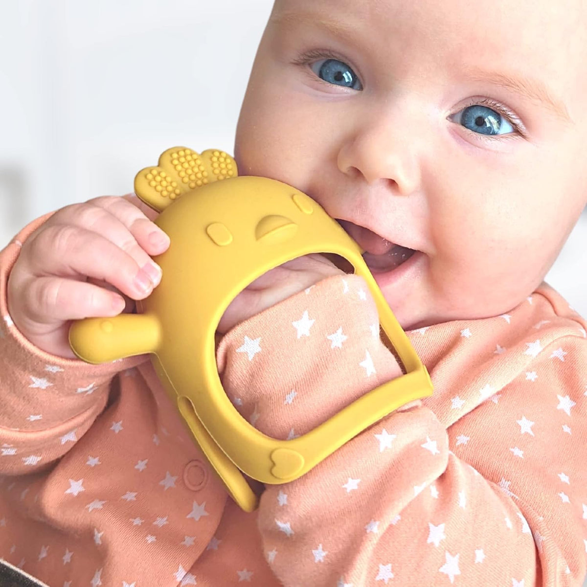 Infatot® Teething Toys for Baby Gifts – Chipmunk Silicone Mitten Teether, Soothing Glove for Infants, Baby Toys 0-6 Months, Soft Chewable Teether Toy to Prevent Finger Sucking, CM Blue.