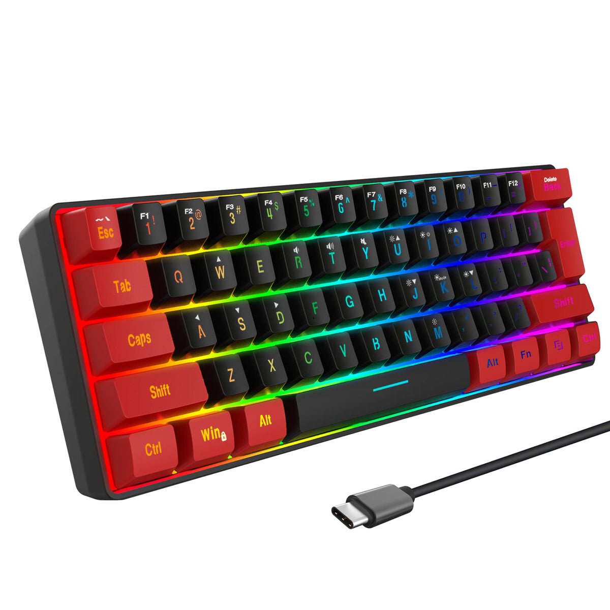 Snpurdiri Wired Mechanical Gaming Keyboard, 60% Size, LED Backlight, 61 Keys, Small Wired Office Keyboard for Windows Laptop/PC, Mac (Black-Red, Blue Switches)