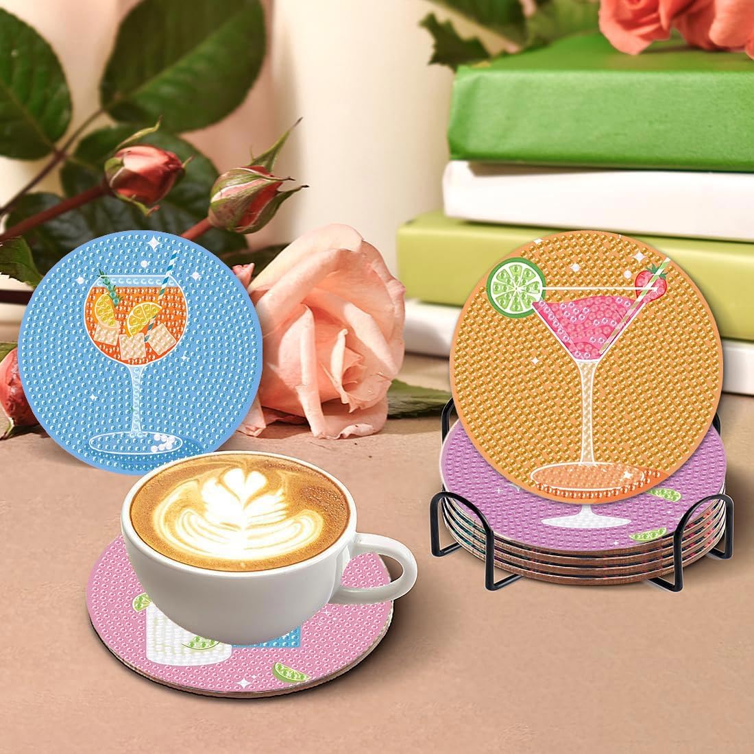 8Pcs Diamond Painting Coasters with Holder,DIY Cocktail Life Coaster Diamond Art Kits for Adults Kids,Beginners Round Full Drill Diamonds Art Craft Supplies