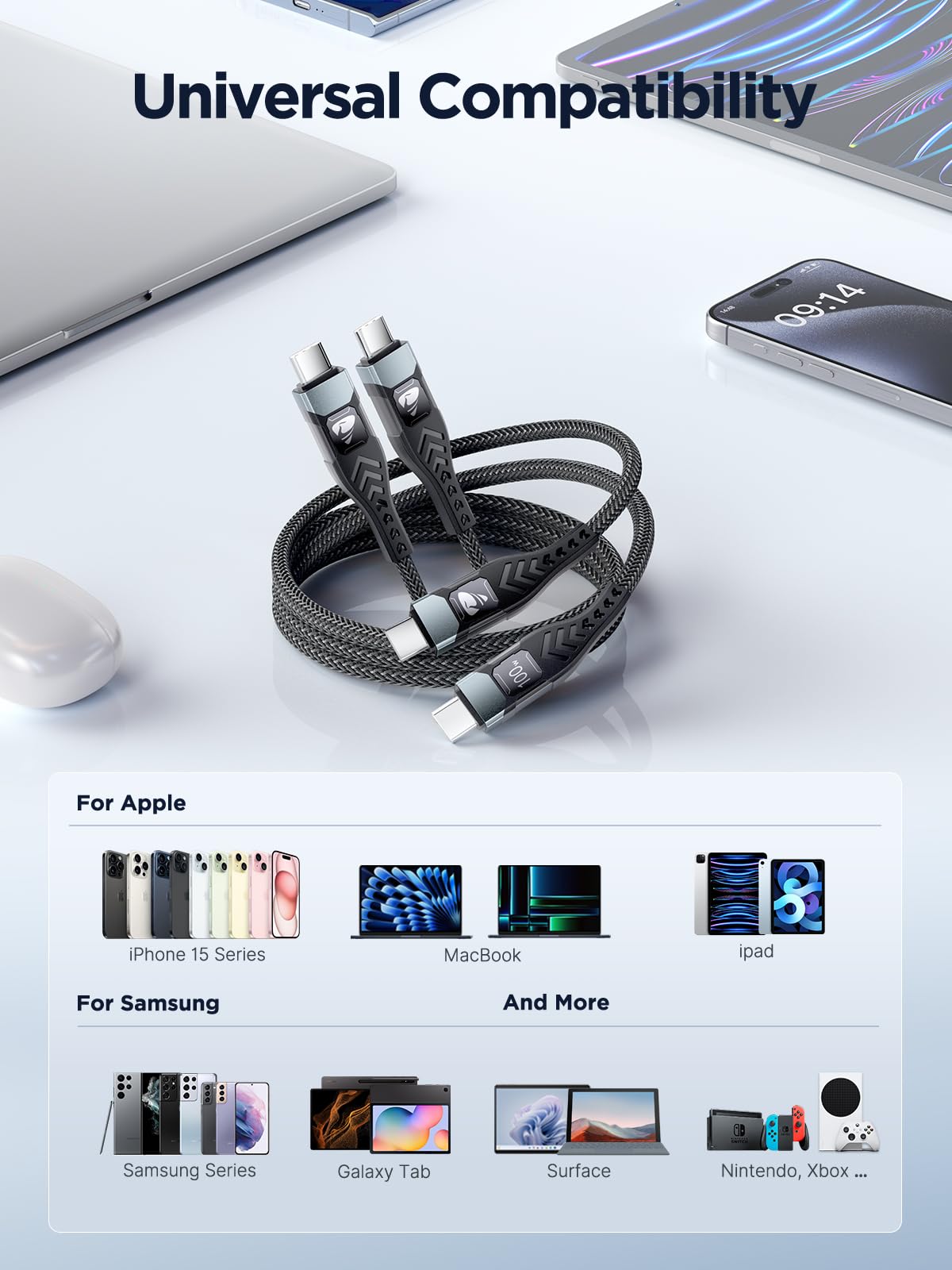 USB C to USB C, 100W 5A Fast Charging Cable [2Pack/2M] USB Type C Charger Fast Charge Lead Usbc to Usbc Cable for iPhone 15 16 17 Pro Max Plus iPad Pro MacBook Samsung Galaxy S23 S22 S24 S25 Ultra etc