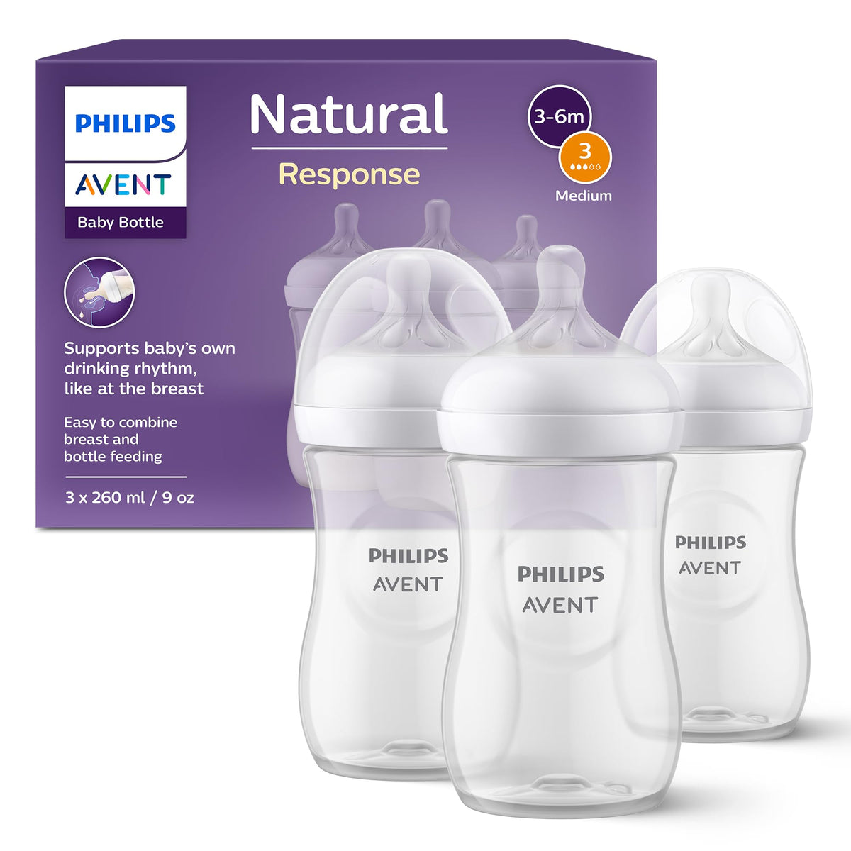 Philips Avent Natural Response Baby Bottle - 125ml Baby Milk Bottle for Newborns and Up, BPA Free, 0+ Months (Model SCY900/01)