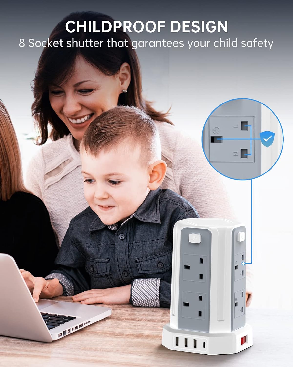 Tower Extension Lead 3M, 8 AC Outlets and 4 USB Ports Extension Tower