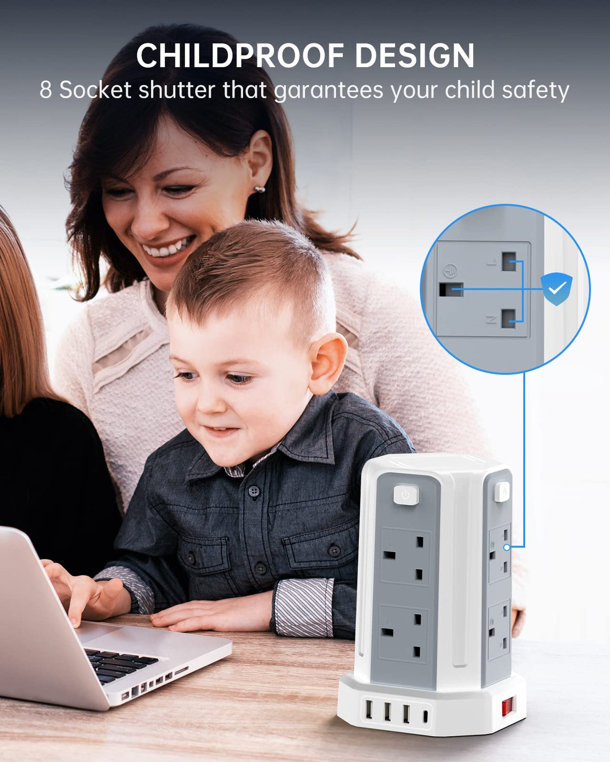 Tower Extension Lead 3M, 8 AC Outlets and 4 USB Ports Extension Tower