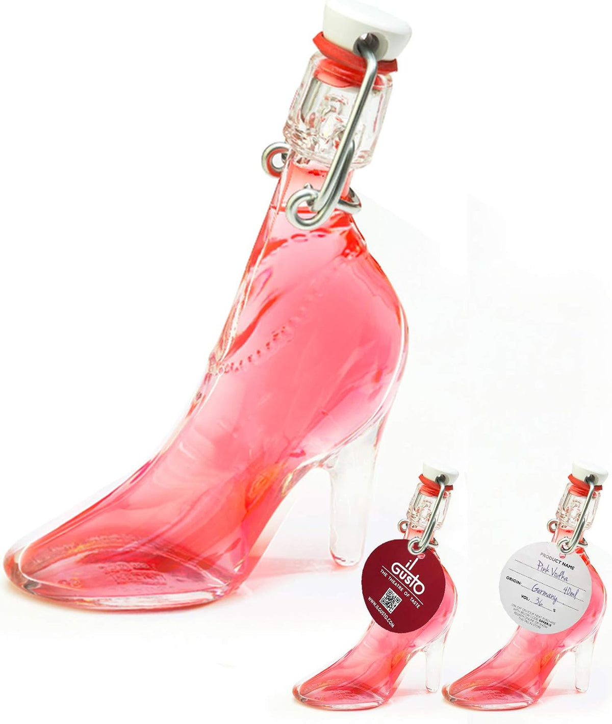 IL GUSTO Pink Vodka in Stiletto – Lady Shoe Glass Bottle 40ml – Premium Fruity Berries Vodka 36% ABV – Unique Gift for Her