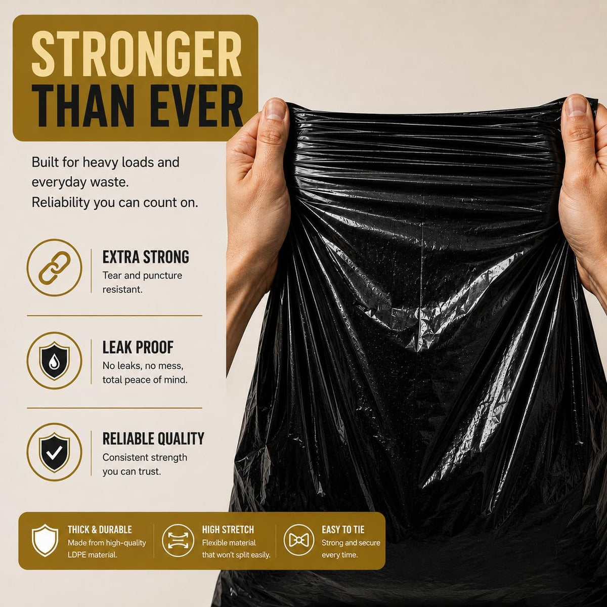 Haya Home 50L 50 Bin Bags Heavy Duty Bin Liners, Black Plastic Refuse Sacks large Garbage Waste Dustbin Bags for Kitchen Home Office DIY Garden from 100% Recycled Material
