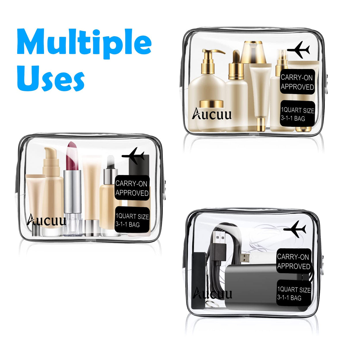 Aucuu Clear Toiletries Bag, 3 Pack PVC Waterproof Toiletries Carry Pouch, TSA Approved Travel Toiletry Bag with Zipper, Multi-Size Cosmetic Makeup Bags for Men, Women and Kids - Travel Business