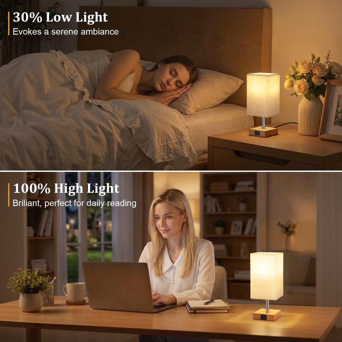 White Table Lamp for Bedroom, Small Bed Lamp with for Bedroom, Silver Base(Bulb Included)