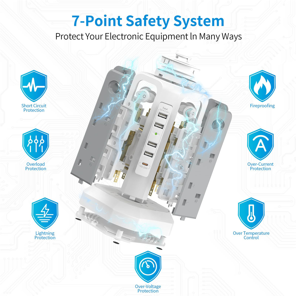 HAFINO Tower Extension Lead 3M with USB Slots and Night Light, 4 Switches