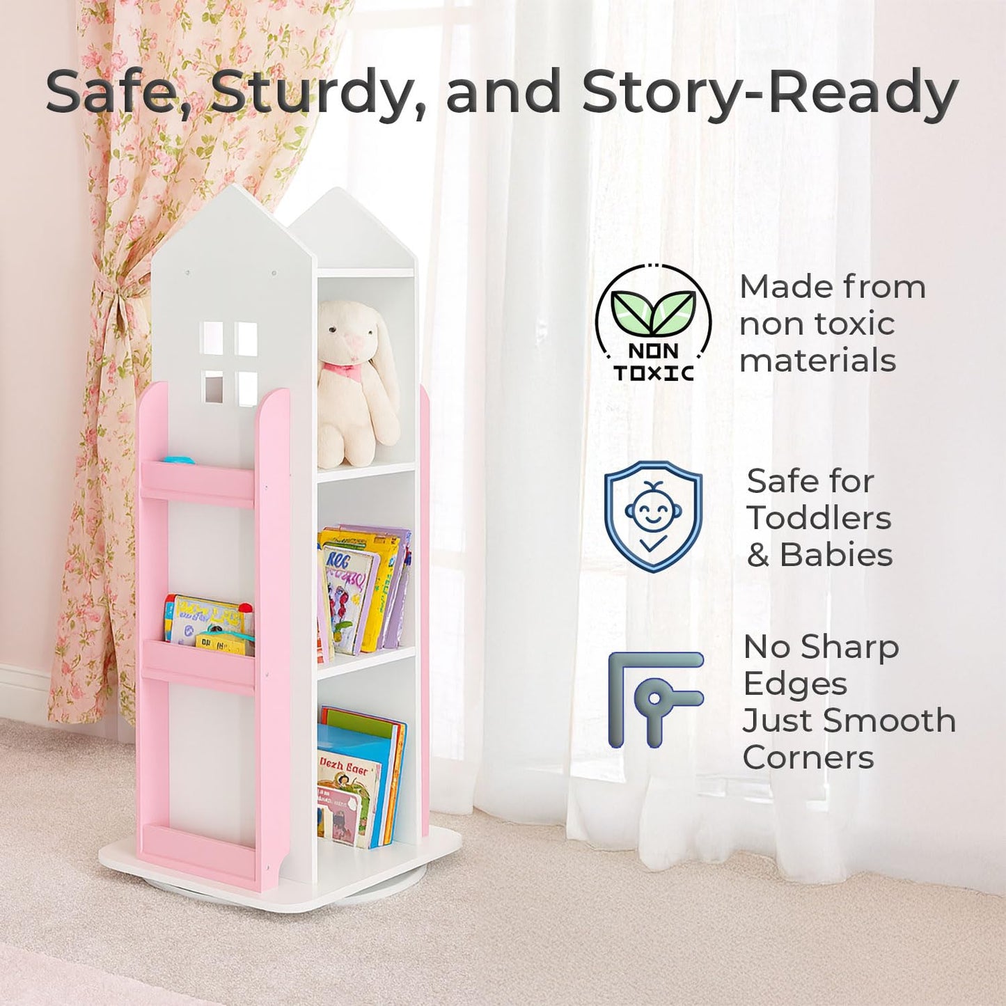 Neo House Shaped 360° Rotating Kids' Children's Freestanding Bookshelf Bookcase 10 Shelf Shelve Space‑Saving Design (White)