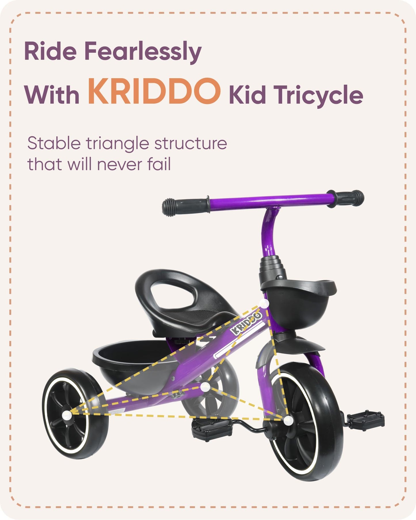 KRIDDO Toddler Tricycle — Anti-Tip Design, BPA-Free | Ages 18 Months to 4 Years | Pink