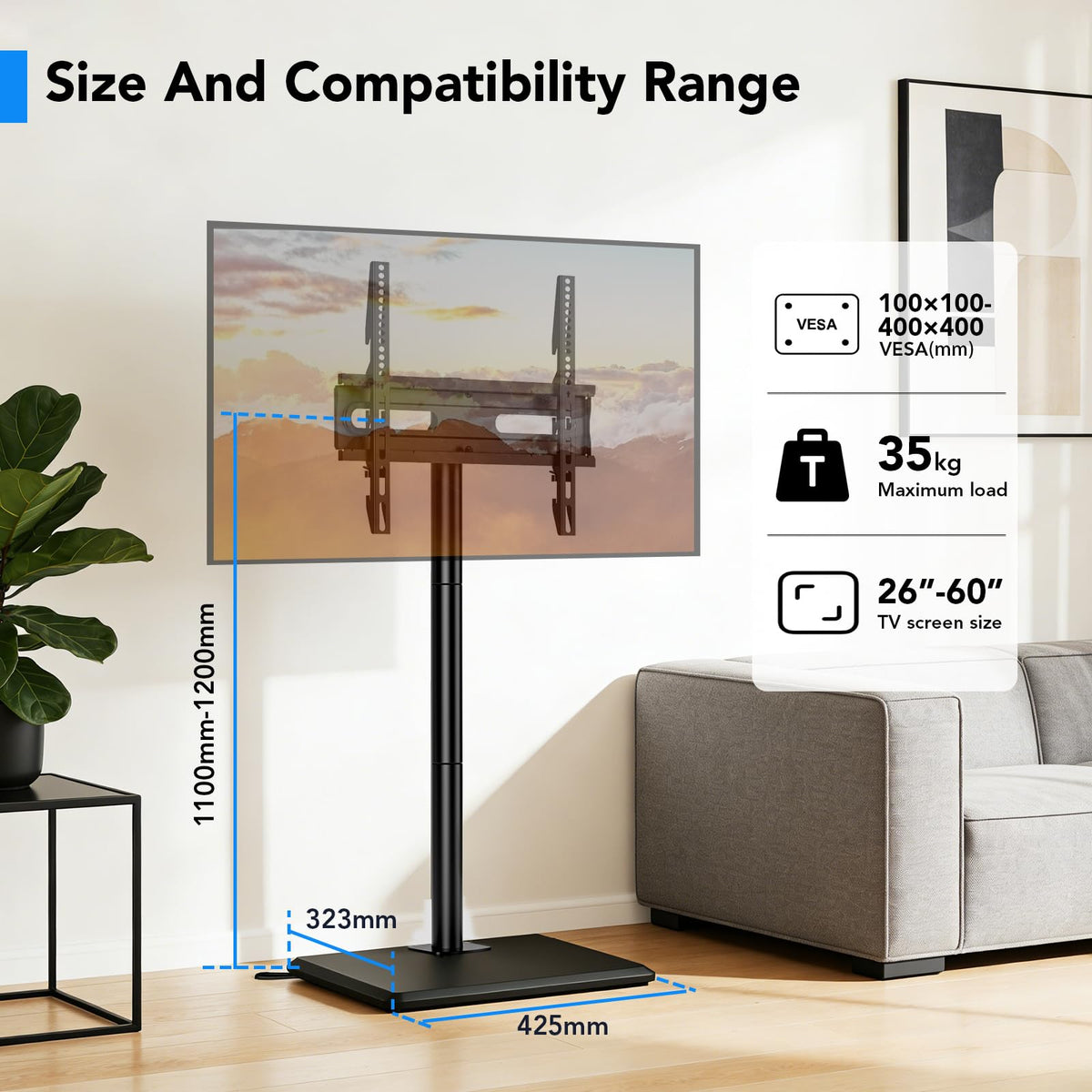 Floor TV Stand with Mount for 26-55 inch TVs up to 35 kg, Height Adjustable Swivel Tilt TV Stand with Wood Base & Shelf, Saving Space Design for Bedroom, Living Room and Corner, White