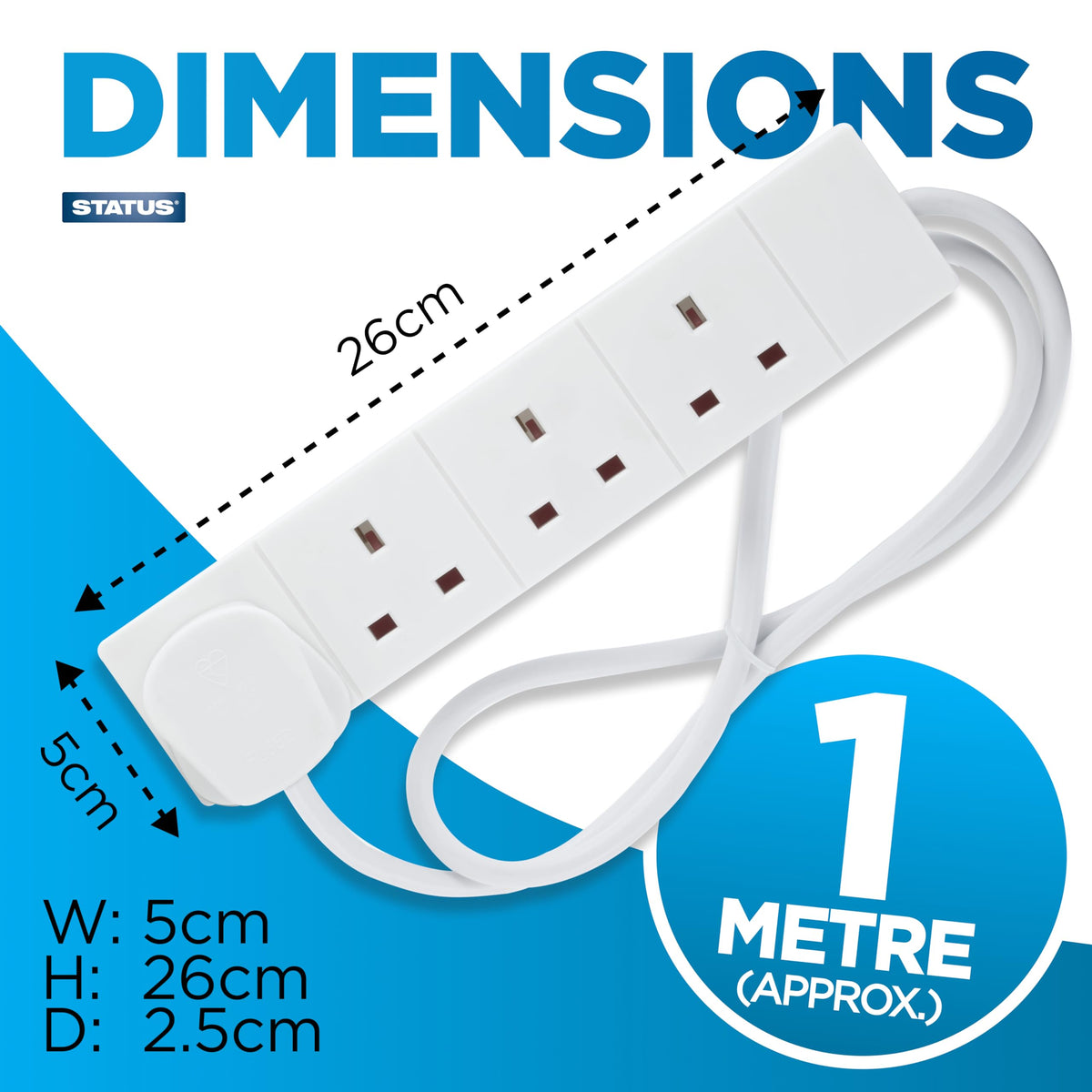STATUS 4 Way Socket Extension Lead, 4m Cable with Neon Power Indicator, 13A Multi-Plug Strip for Home or Office, Wall Mountable, White (S4W4MS6)