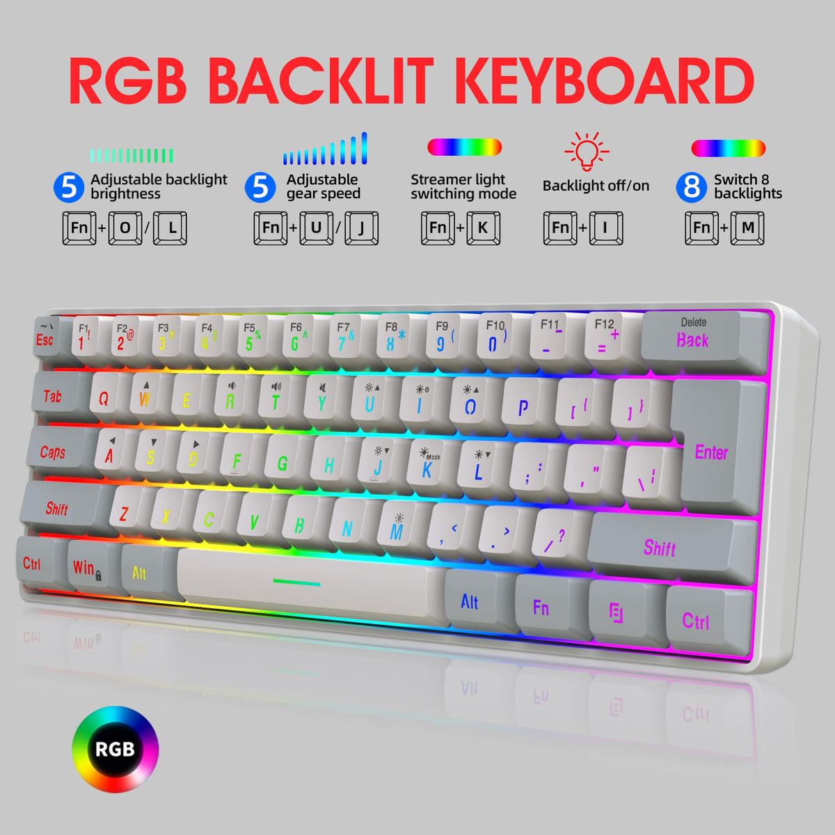Snpurdiri Wired Mechanical Gaming Keyboard, 60% Size, LED Backlight, 61 Keys, Small Wired Office Keyboard for Windows Laptop/PC, Mac (Black-Red, Blue Switches)