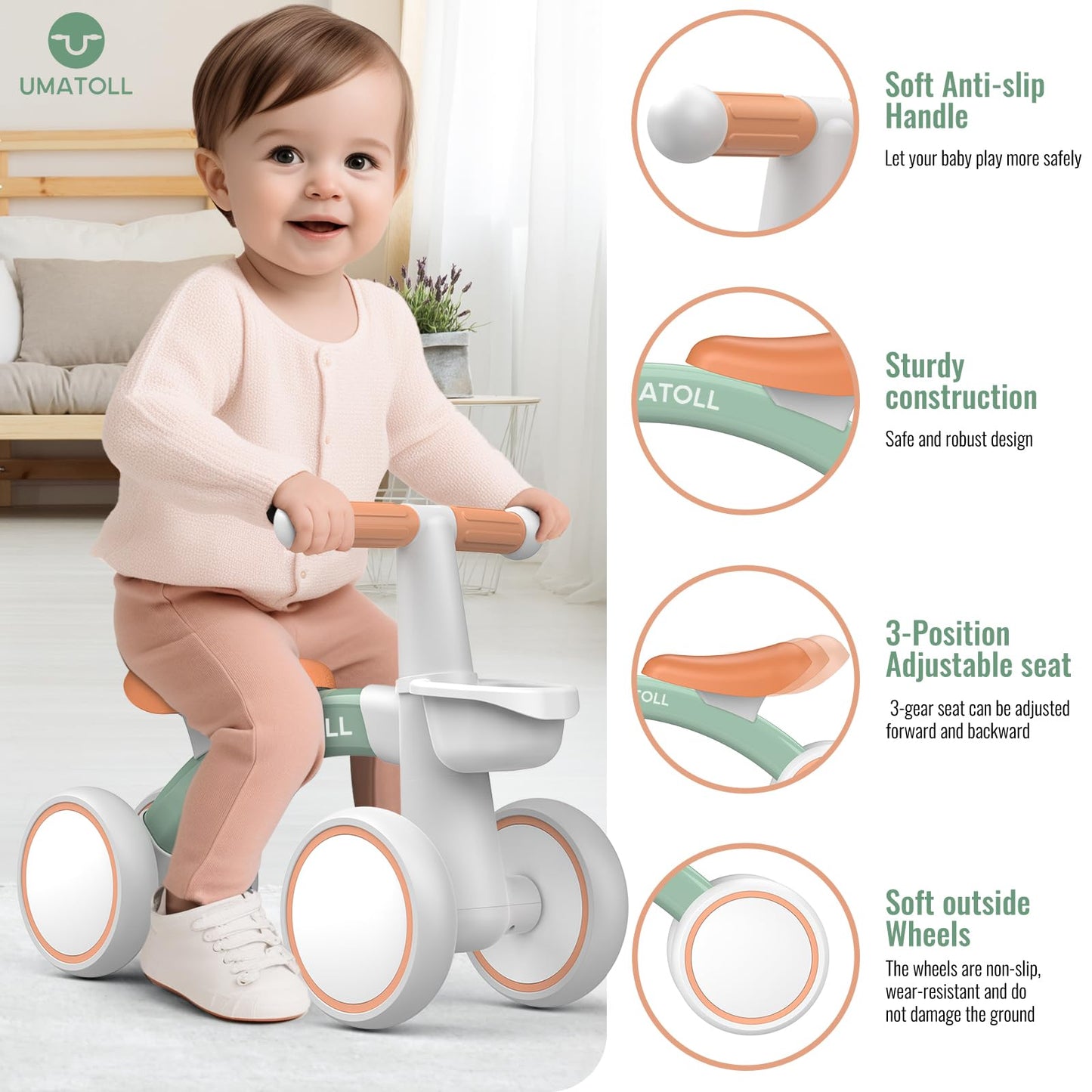 Umatoll Baby Balance Bike for 1 Year Old Boys Girls, 12-24 Months Toddler Balance Bike with Removable Basket, Adjustable Seat, 4 Wheels Infant Bike, First Birthday Gift