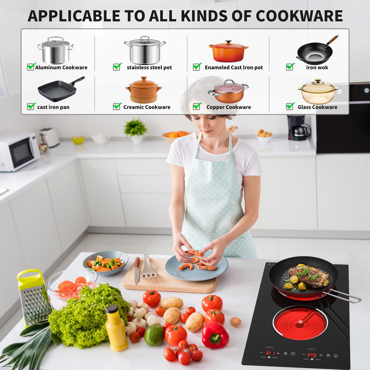 VBGK Double Induction Hob,220V 3600W 2 Ring Induction Hob with Knob Control,9 Power Levels, Kids Lock & Timer,LED Touch Control,Overheat Protection