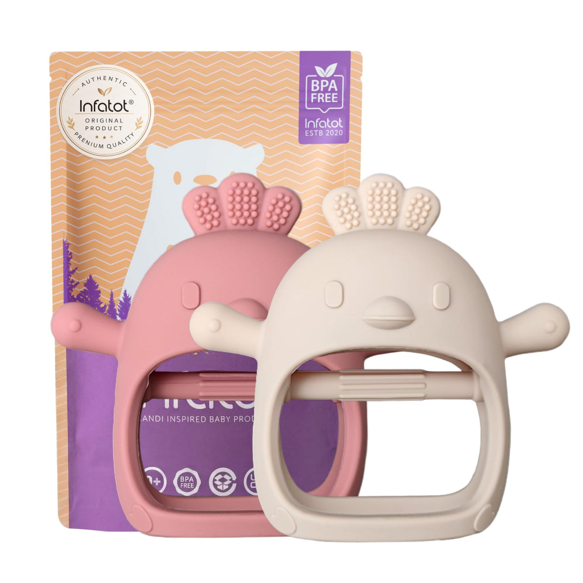 Infatot® Teething Toys for Baby Gifts – Chipmunk Silicone Mitten Teether, Soothing Glove for Infants, Baby Toys 0-6 Months, Soft Chewable Teether Toy to Prevent Finger Sucking, CM Blue.