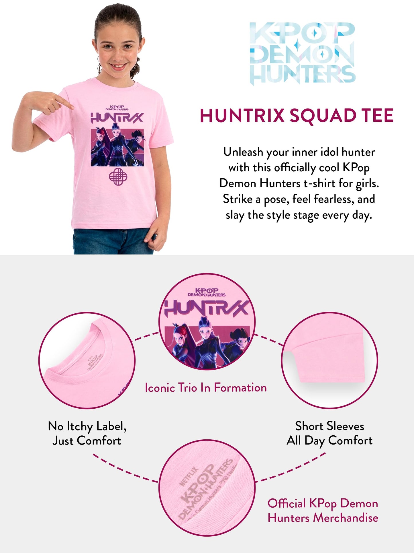 KPop Demon Hunters Tshirt, Huntrix Girls Tshirt, K Pop Kids Clothes, Short Sleeve Girls' T-Shirts, Ages 5 to 12 Years