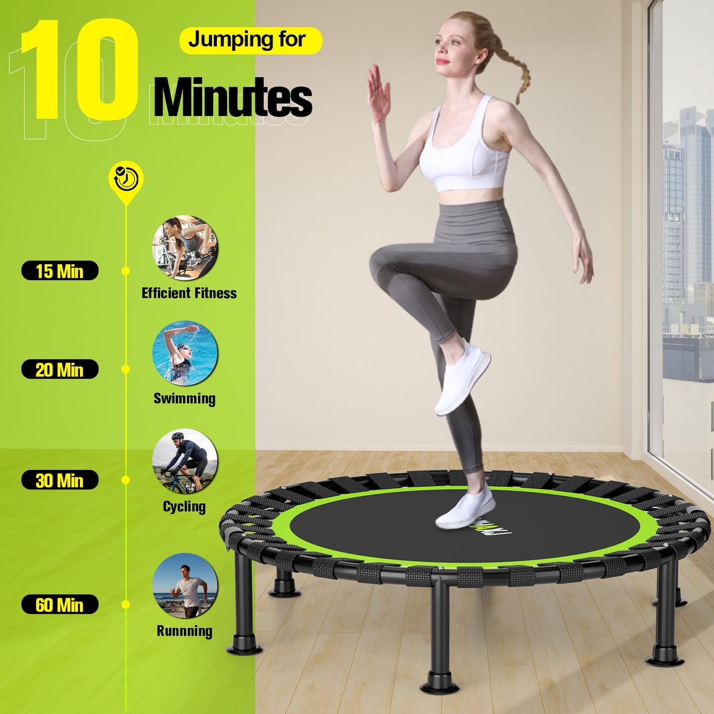 ZCMHAXJ Foldable Mini Trampoline, 40" Rebounder Trampoline for Adults & Kids, 450lbs Capacity with/without U/T-Shaped Adjustable Bar, Indoor Fitness Workout Exercise Equipment