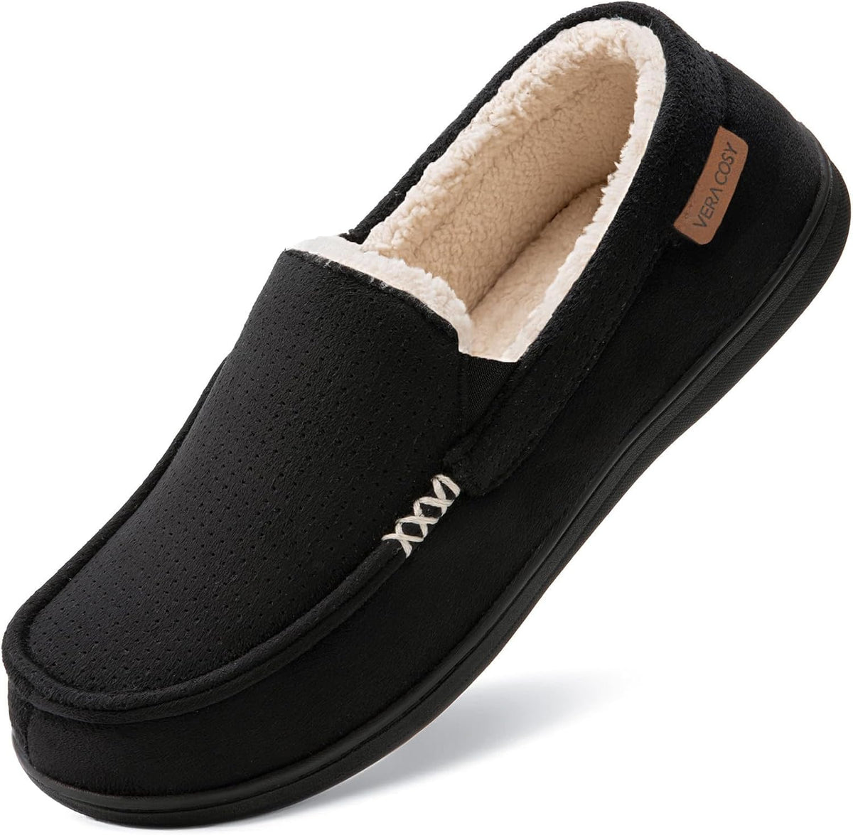 VeraCosy Men's Suede Moccasin Slippers Memory Foam Sherpa Lined Anti-Skid