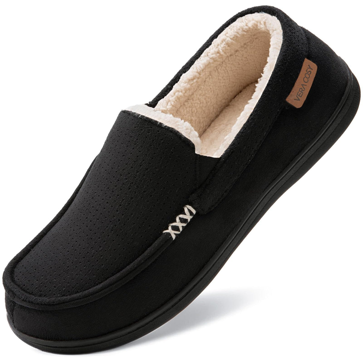 VeraCosy Men's Suede Moccasin Slippers Memory Foam Sherpa Lined Anti-Skid