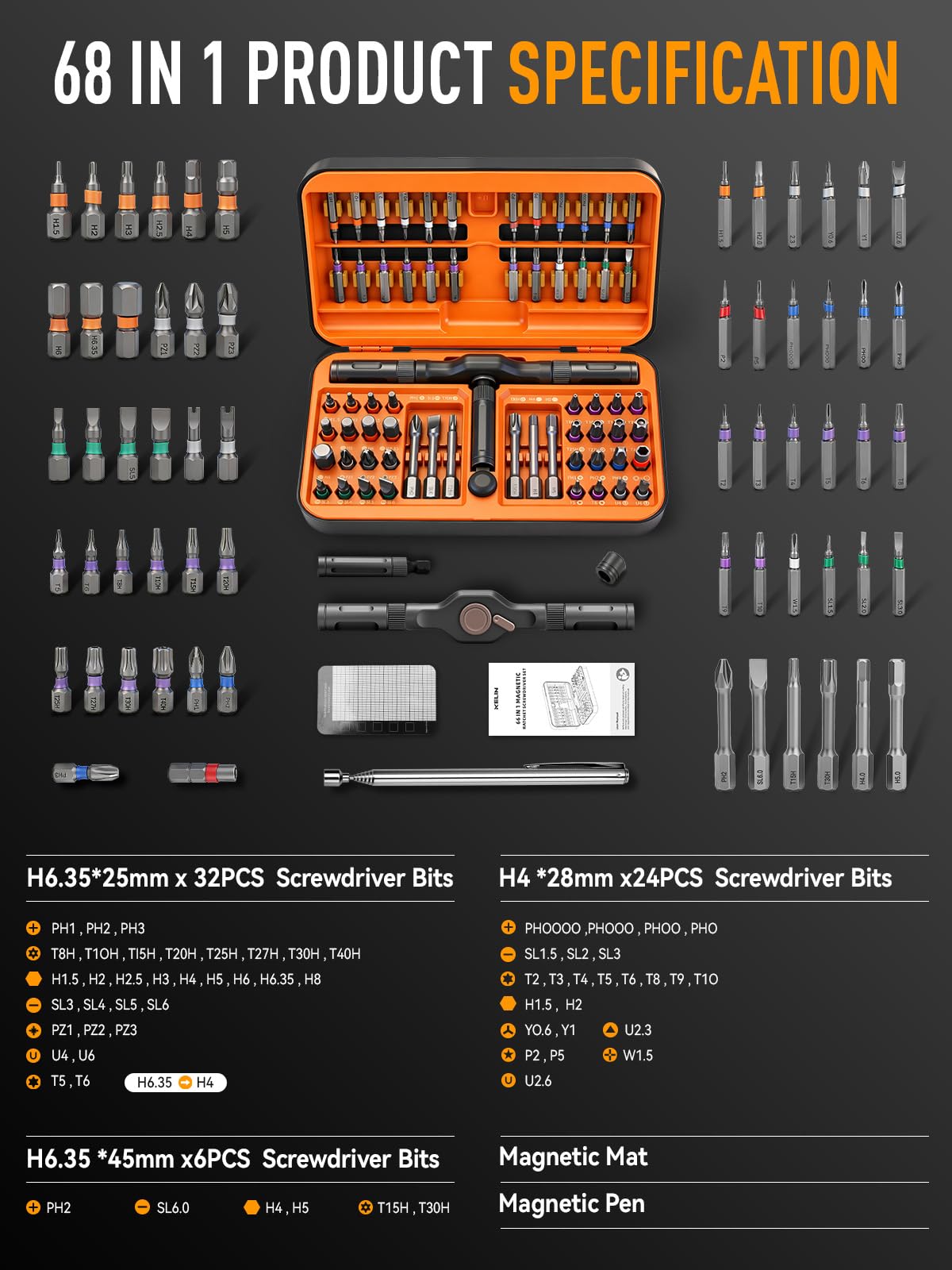 KELIN 68 in 1 Magnetic Ratchet Screwdriver Set, Multi Bit Ratcheting Torx Screwdriver Sets, Nut Drivers, Gifts for Men Who Have Everything, Stocking Fillers for Men Gifts for Him Dad