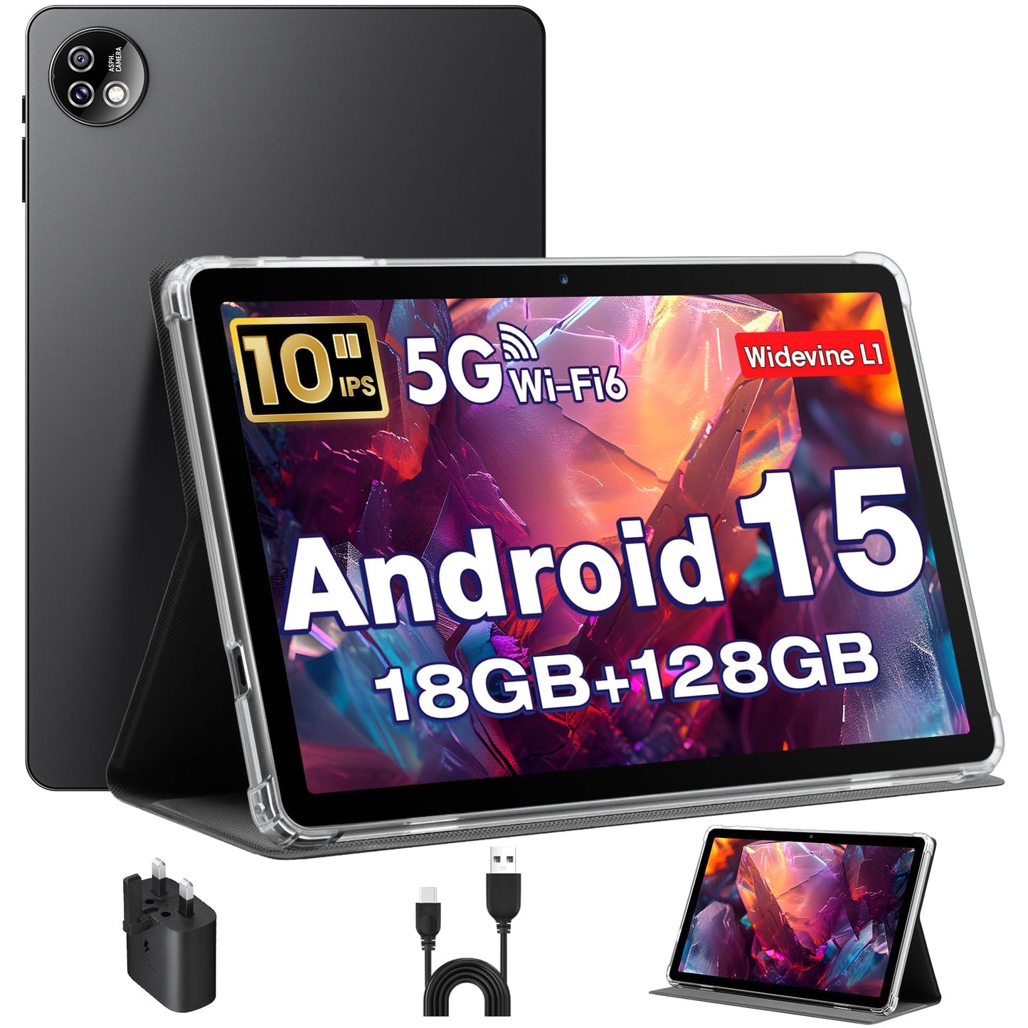 Tablet 10 Inch, Android 15 Tablets with Case, Mouse & Keyboard, Octa-Core, 24GB RAM+128GB ROM+1TB Expand, 1280 x 800 HD IPS Display, Dual Camera, 6000mAh, WiFi 6, BT 5.0, Widevine L1, GPS (Gray)