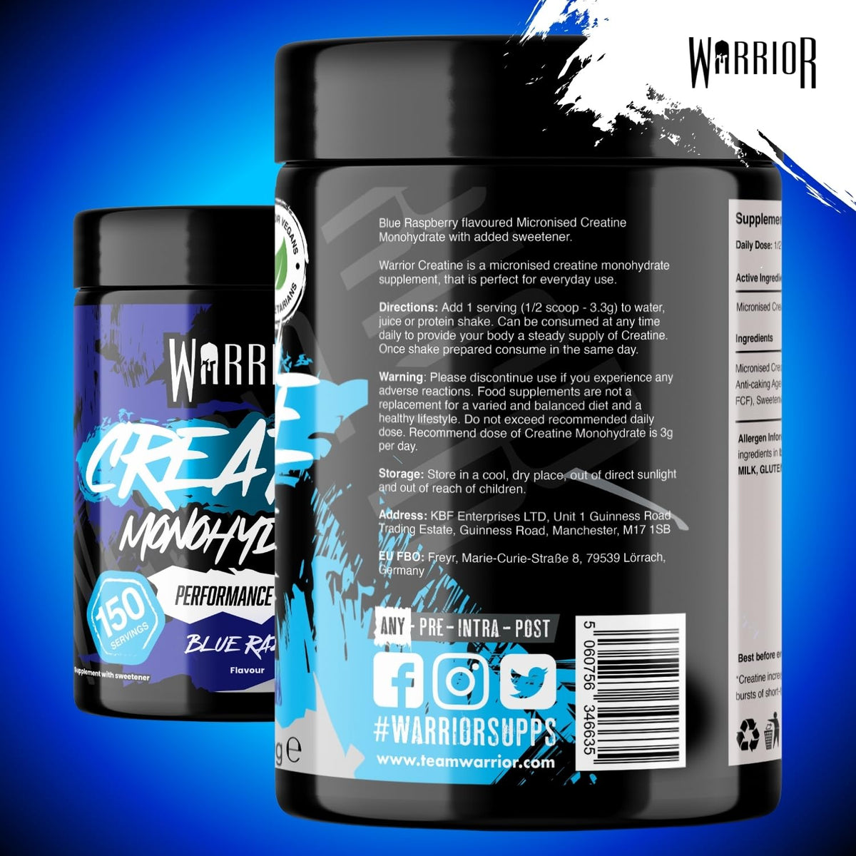 Warrior Creatine Monohydrate Powder 500g Pure Micronised (166 Servings)