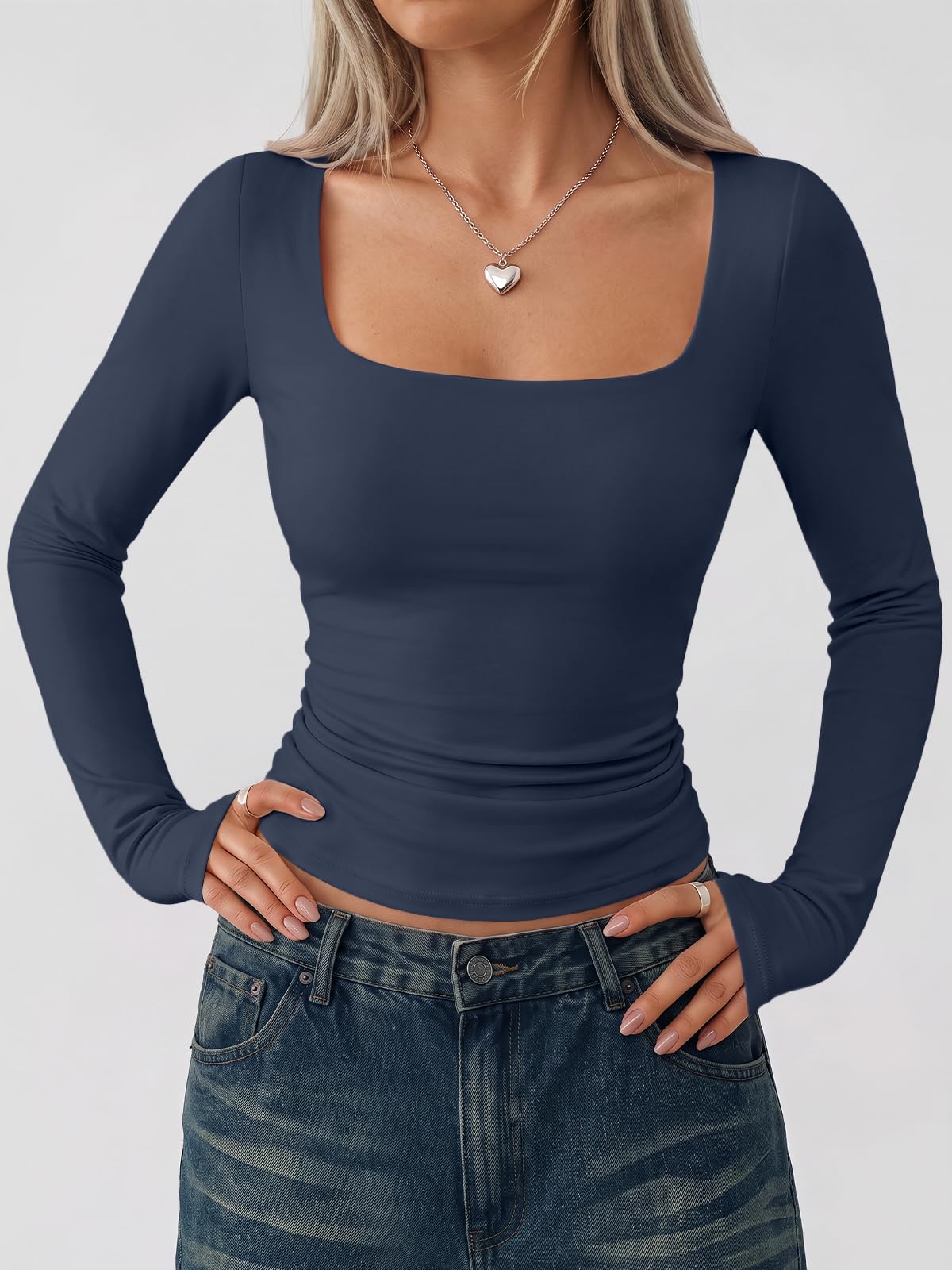 LILLUSORY Long Sleeve Tops Women UK Square Neck Double Lined T Shirts